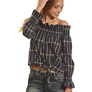 Vintage Havana Black and White Off-the-Shoulder Ruffled Blouse